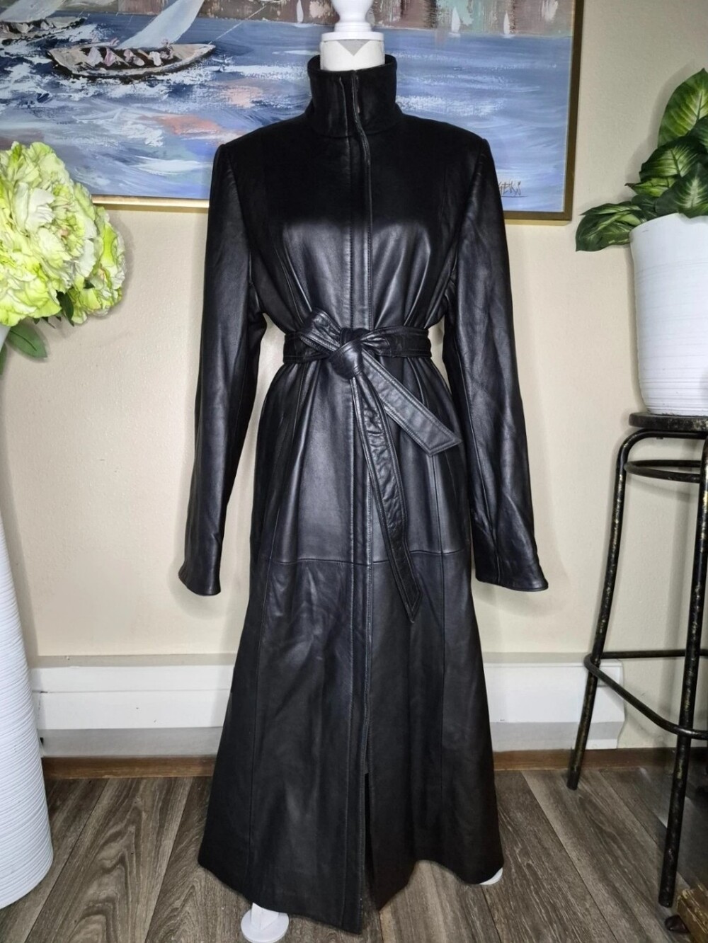 Vintage YiLuQi Womens Black Leather Zip Maxi Coat